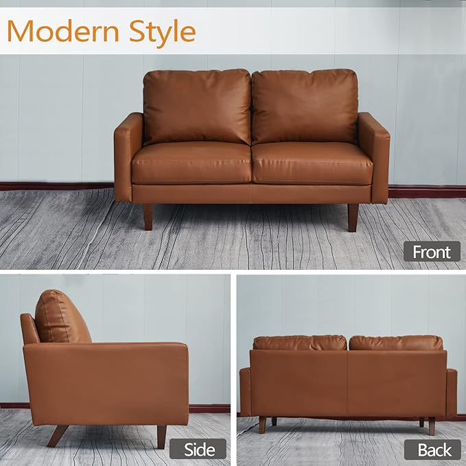 INSTORY Leather Loveseat Comfy Sofa Modern Couch with Wooden Legs for Living Room Office - Brown