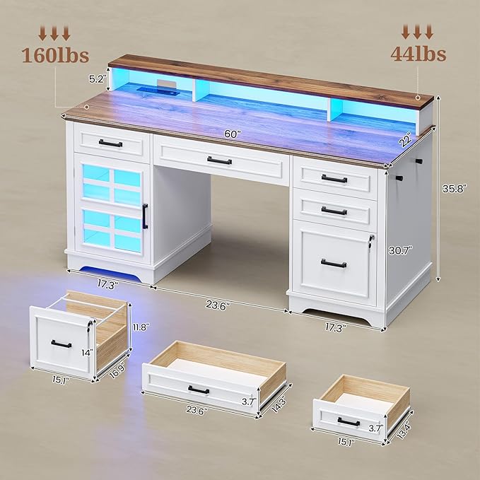 60'' Farmhouse Executive Desk with Drawers Home Office Desk with Power Outlet &amp LED Light Wood Computer Desk with Monitor Stand Locking File Drawer Glass Storage Cabinet Hooks White