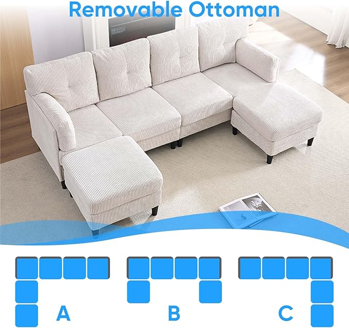 Mjkone Sectional Couch Sofa with Ottoman U Shape Sofa for Living Room Corduroy Convertrible Couches with Double Chaises 6 Seater Sofas for Living Room/Home Office/Guest (Beige)