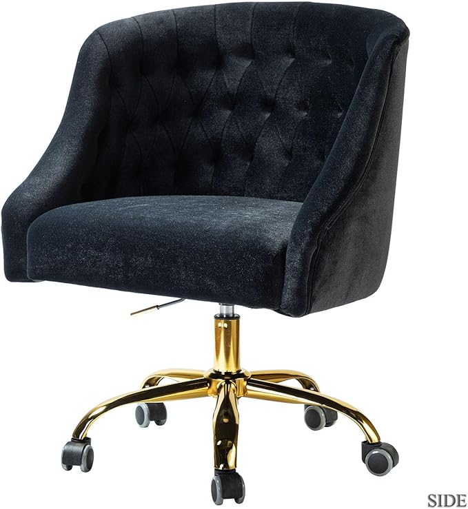 Velvet Home Office Chair with Gold Base Comfortable Modern Cute Desk Chair Adjustable Swivel Task Chair for Living Room Bedroom Vanity Study Black
