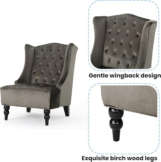 Modern Wingback Accent Chair Tufted Velvet Couch Sofas with High Back Thick Padded Cushioned Seats for Living Room Victorian Style Grey