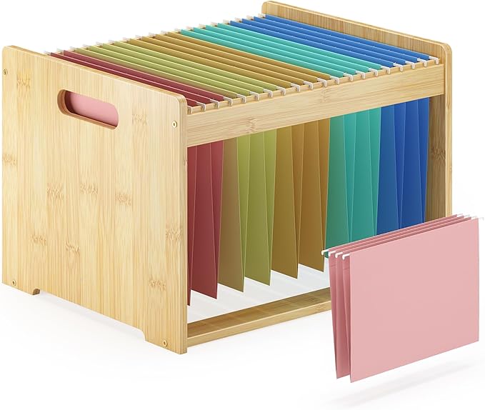 Hanging File Organizer Box for Letter Size Bamboo File Folder Organizer Storage Moving Boxes with Handle Wood Desk Filing Box for Office Banker Document