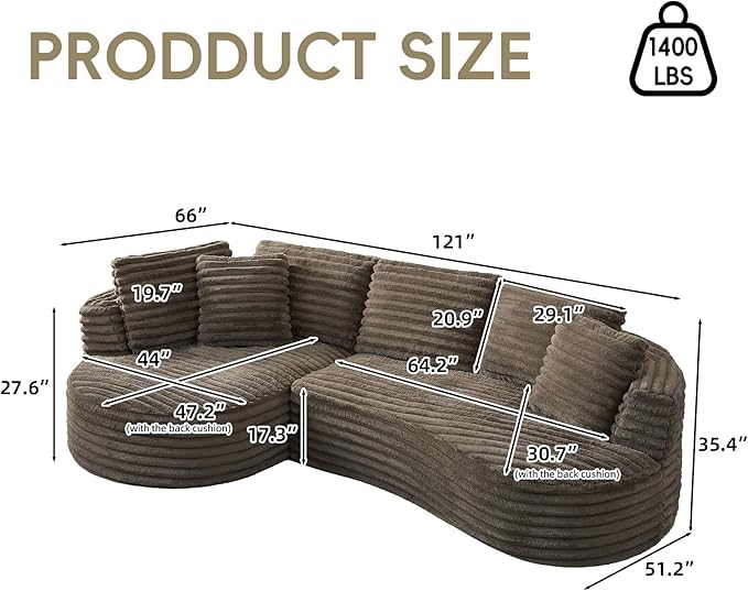 121 Cloud Sectional CouchOversized Corduroy Couches with L-Shape ChaiseModern Modular Sofa with Deep SeatUpholstered Boneless Couch for Living Room (Dark Brown Left Facing Chaise)