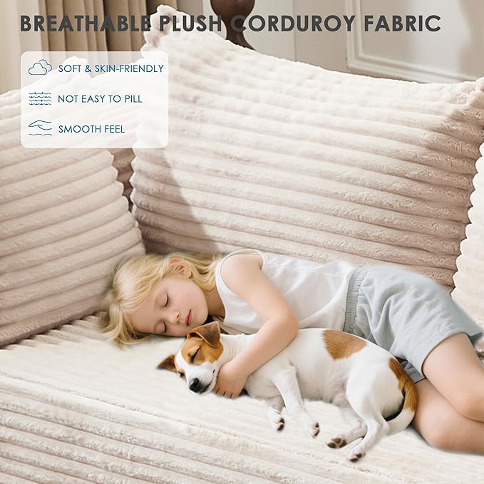107 Cloud Couch Modular Sectional L Shaped Couch with Chaise Deep Seat Sofa Fluffy Corduroy Couches Boneless Couch for Living Room White Left Facing Chaise