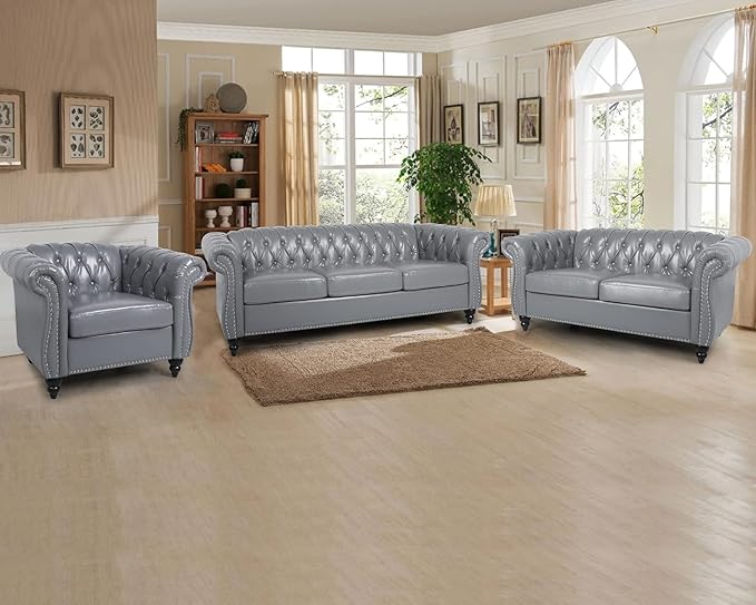 RARZOE Modern 2 Pieces Living Room Sofa Set Contemporary Tufted Button Faux Leather Three-Seater Couch and Accent Club Chair with Nailhead Trim Scroll Arms for Home Furniture Grey