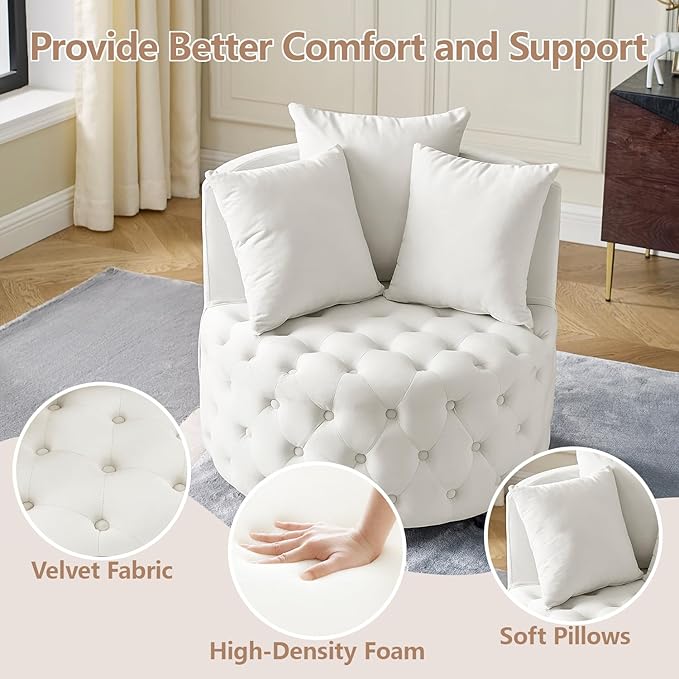 LLS Swivel Barrel Chair Velvet Accent Barrel Chair with 3 Pillows and 4 Wheels 360 Degree Sofa Chair Modern Button Tufted Upholstered Accent Chair for Living Room Bedroom Beige