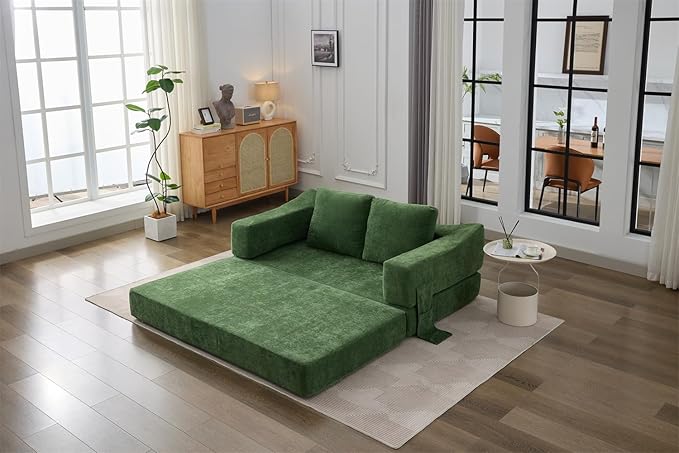 LUMISOL 70 Folding Pull Out Sofa Bed Convertible Futon Sofa Bed with Removable Armrests &amp Side Pockets Portable Foldable Floor Sleeper Sofa Couch with 2 Pillows for Living Room Green