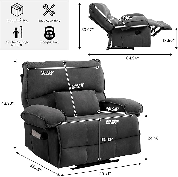 Oversized Recliner Chair for Adult Plus Size 49.21 Extra Wide Seat Manual Fleece Recliner with Pockets Ergonomic Massage Heated for Living Room Bedroom Home Threater Office Lounge (Grey)