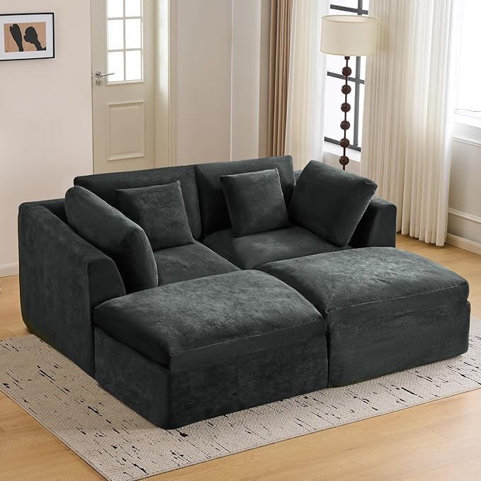 Modular Loveseat Sofa Bed with Ottomans Fully Compressed Modular Sofa Bed No Assembly Boneless Modular Couch for Living Room (Grey)