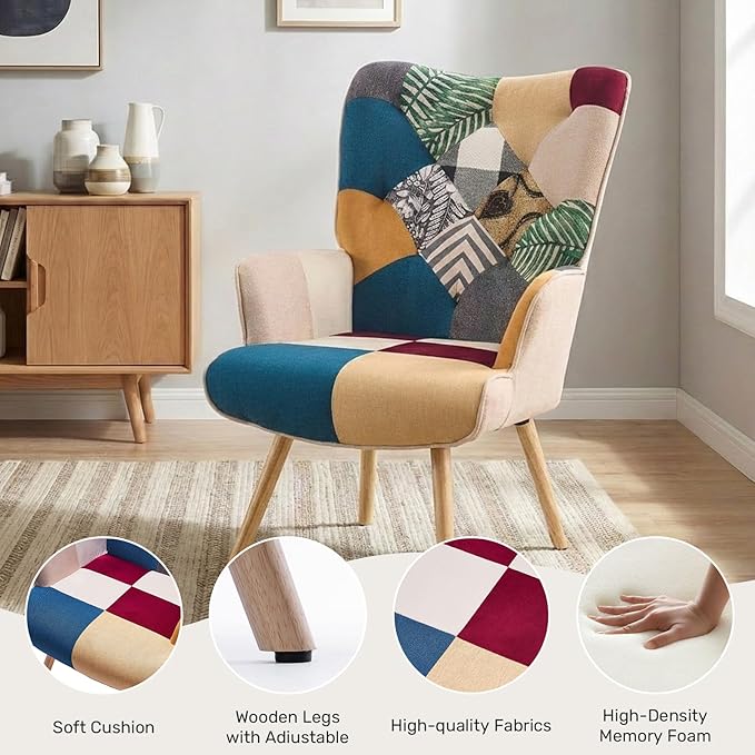 Joysoul Living Room Accent Chair Modern High Back Arm Chair Colorful Plaid Bohemian Style Chairs for Bedroom Waiting Room