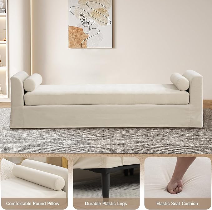 Chifee &amp Vingol 88.6 W Oversized Chaise Lounge Upholstered Bedroom Benches Extra-Long Indoor Bench Entryway Bench with Removable Pillows for Living Room HallwayBeige