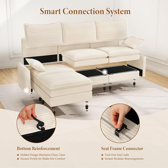 Vesgantti 142 U Shaped Sectional Couch Comfy Cloud Modular Sectional Sofa with 2 Ottoman Deep Seat Corduroy Modern Cloud Sofa Modular Sofas for Living Room Bedroom and Apartment Beige