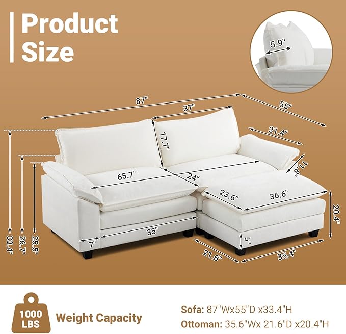 VINGLI Convertible Modular Sectional Sofa for Living Room with Deep Seat &amp Movable 2-Layer Ottoman Oversized L-Shape Cloud Sofa with Chaise &amp Armrests Loveseat for Small Spaces Chenille Cr