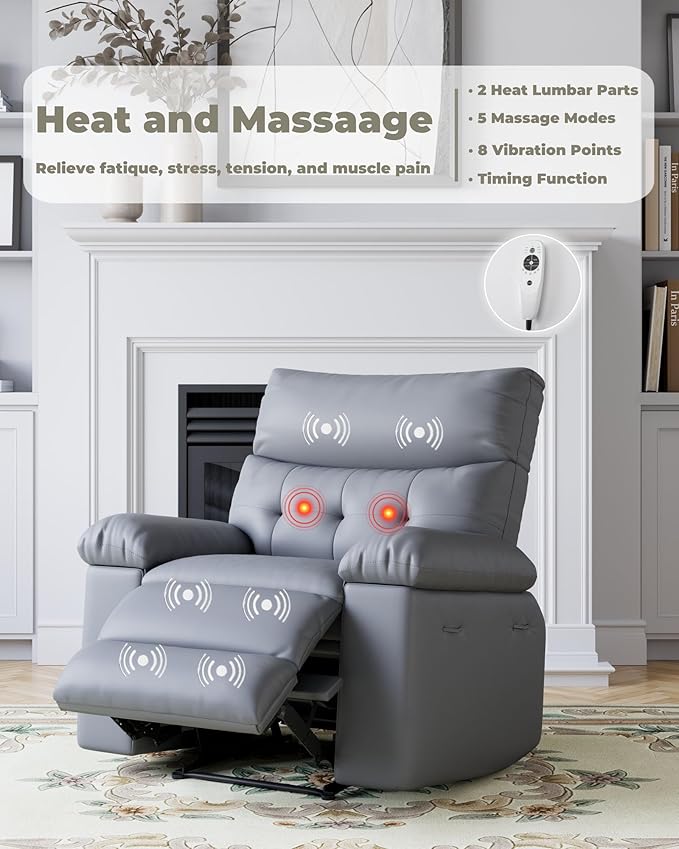 Garvee Manual Recliner PU Leather Living Room Chair Adjustable Reclining Chair Oversized Home Theater with Massage &amp Heat - Gray