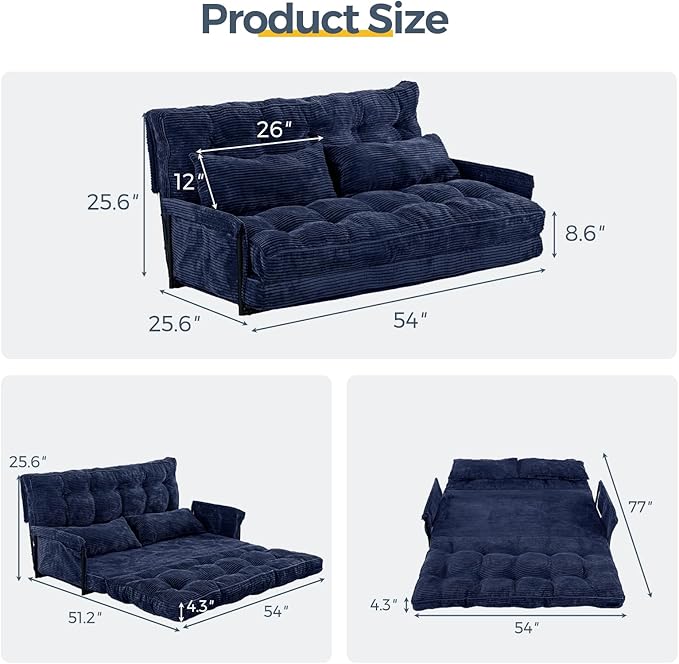 MAXYOYO Adjustable Floor Sofa Couch with 2 Pillows Multi-Functional Bean Bag Bed 5-Position Foldable Lazy Sofa Sleeper Bed with Armrest Versatile Floor Seating for Reading Navy Double