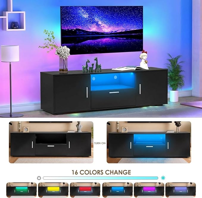 51 Inch Modern TV Stand with RGB LED Lights - Black Entertainment Center Storage Cabinet for 32-55 Inch TVs Living Room Media Console