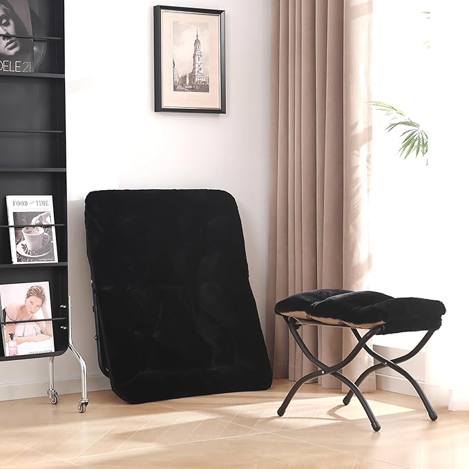 Comfy Saucer Chair with Ottoman Oversized Folding Faux Fur Chair Soft Furry Lazy Chair with Metal Frame Moon Chair Accent Chair for Bedroom Living Room Dorm Rooms Black