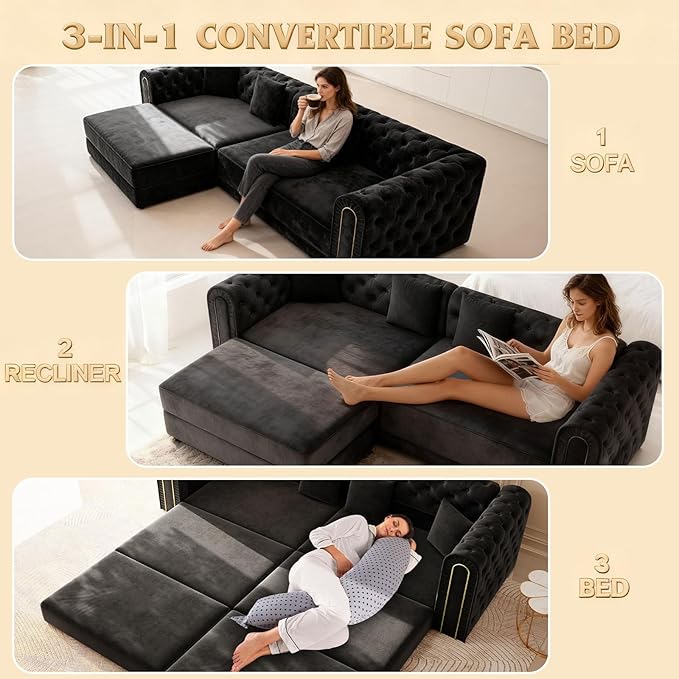 90.6'' Futon Sofa Bed Chesterfield Velvet Sleeper Sofa Convertible Floor L-Shaped Couch Tufted Back 4 Pillows Gold Edge Trim Deep Loveseat Couches for Living Room Apartment Gold Black