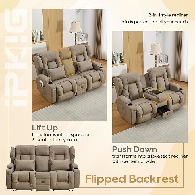 IPKIG 68 Loveseat Recliner Sofa - 3 Seater Reclining Sofa with Flip Middle Backrest Versatile Power Outlet Storage Drawer Cup Holders Lumbar Pillows Manual Recliner (Khaki 68 Loveseat)