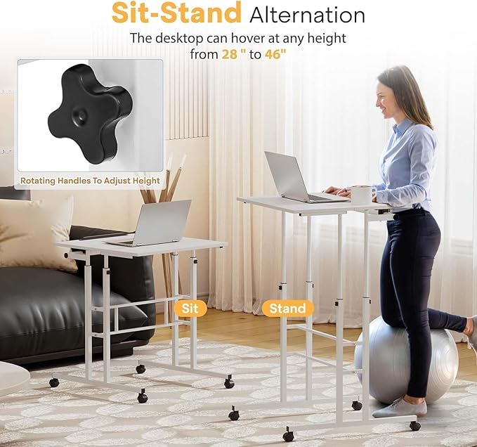 Small Standing Desk Adjustable Height and Angle Computer Laptop Desk Home Office Sit Standup Desk Portable Rolling Desk with Wheels 2 Platforms White