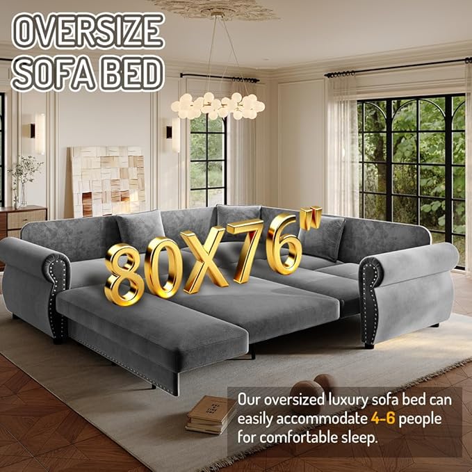 88 L Shaped Sectional Sleeper Sofa Couch with Pull Out Bed Oversized Chenille Convertible Sectional Couches with Nailhead Trim &amp Rolled Arm for Living Room Removable Sofa CoverLigt Grey