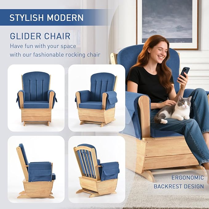 Modern Glider Rocker with Padded Cushion Solid Wood Glider Gentle Rocking Chair Soft Skin-Friendly Three Proof Fabric Water Oil ResistantSmooth Rocking Motion Indoor Living Room Blue