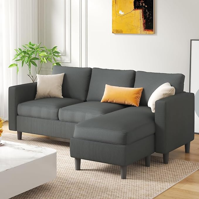 JAMFLY 3-Seat Reversible L-Shaped Sectional Sofa with Convertible Ottoman Modern Upholstered Fabric Couch for Small Living Rooms Apartments &amp Studios Grey