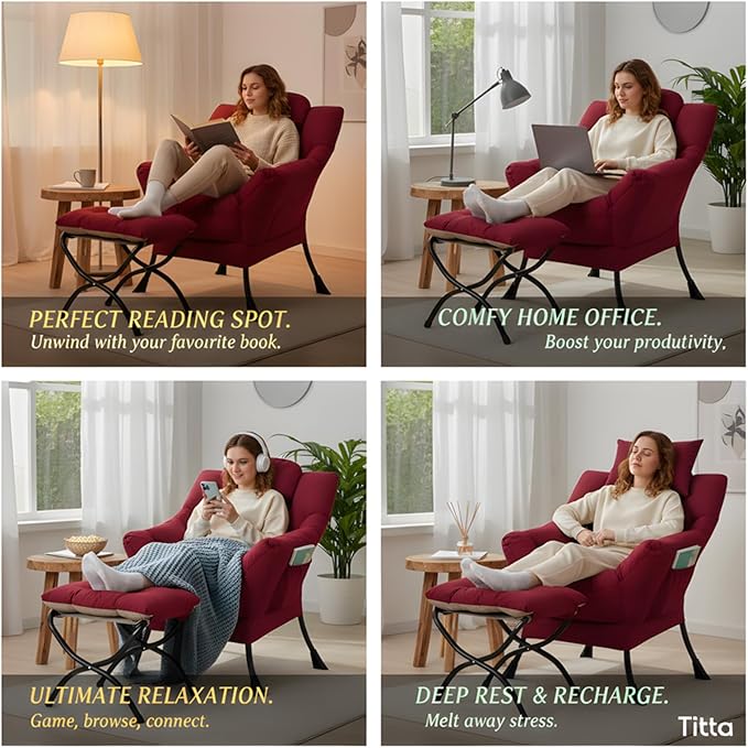 Tiita Lazy Chair with Ottoman Red Modern Large Accent Chair Comfy Leisure Sofa Armchair with Ottoman Reading Chair with Footrest for Bedroom Living Room Dorm Rooms Wine red