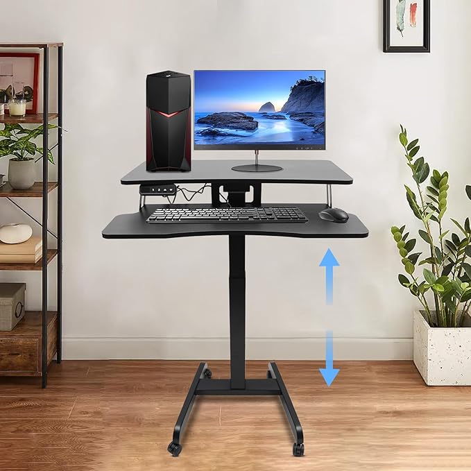 Electric Mobile Height Adjustable Standing Workstation Rolling Electric Podium Desk with Wheels and Keyboard Tray Dual Tiered Standing Desk for Office School Home