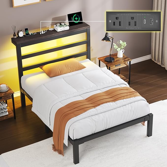 Twin Size Bed Frame with Storage Headboard Industrial Platform Bed with Charging Station and LED LightsUnderbed Storage Space No Box Spring Needed Easy Assembly Modern Black