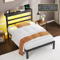 Twin Size Bed Frame with Storage Headboard Industrial Platform Bed with Charging Station and LED LightsUnderbed Storage Space No Box Spring Needed Easy Assembly Modern Black