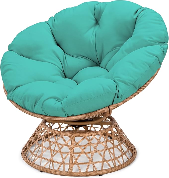 38'' 360 Degree Swivel Wicker Papasan Chair with Cushion and Base - Thickened Rattan Swivel Papasan Chair with Soft Cushion and Durable Frame Oversized Reading Chair for Living Room Teal