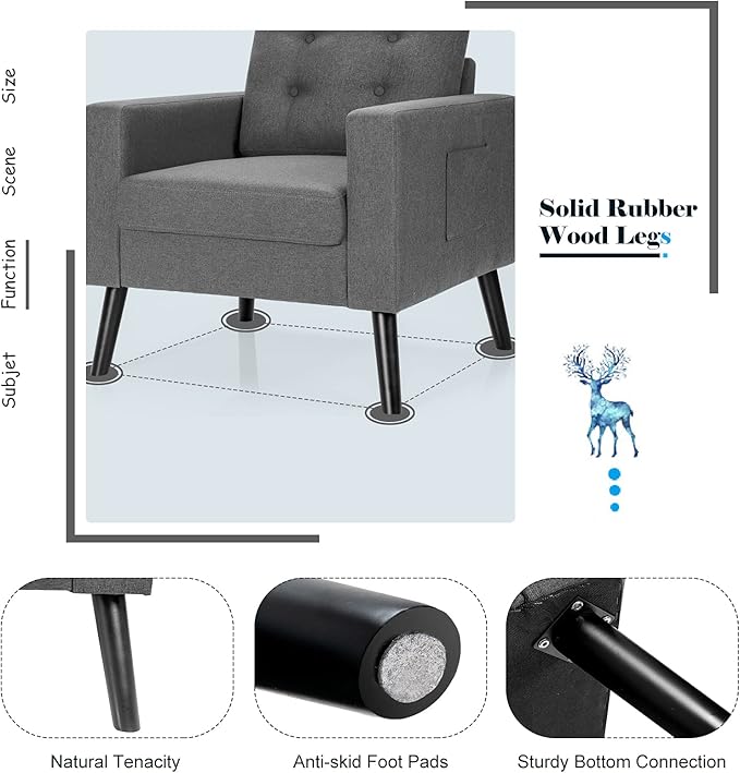 Giantex Modern Accent Chair Upholstered Living Room Chair Button Tufted Single Sofa Couch Bedroom Reading Guest Room Patented Linen Fabric Armchairs with Side Pockets and Wood Legs Gray