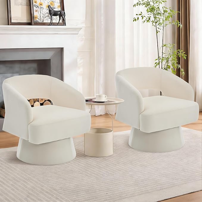 GarveeHome Modern Swivel Barrel Accent Chair 360° Velvet Upholstered Armchair with Striped Backrest &amp Plush Padding Comfy Round Lounge Chair (1 Beige + Hollowed)