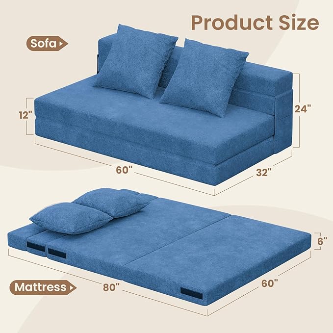 60 Convertible Sleeper Sofa Bed 5-in-1 Loveseat Boneless Couch in a Box Fold Out Chair Bed with Pillows Folding Floor Mattress for Living Room Bedroom Dorm Guest Use Apartment Navy Blue