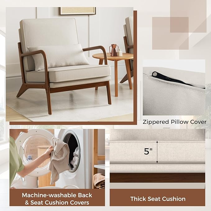 Giantex Mid Century Modern Accent Chair Upholstered Armchair with Pillow Rubber Wood Armrests &amp Legs Removable Back &amp Seat Cushions Comfy Reading Chair for Living Room Bedroom Beige