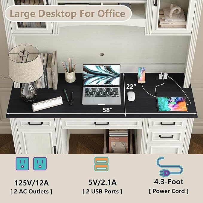 Furniouse Farmhouse 76 Height Executive Desk with Hutch Office Desk with Charging Station Drawers and Storage Cabinet Workstation for Office Home Black Tabletop Off White