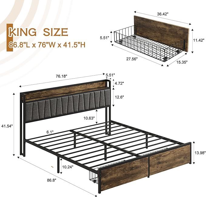 King Size Bed Frame with Storage Drawers and Charging Station Upholstered Headboard Metal Platform Bed with USB Ports No Box Spring Needed Easy Assembly Dark Brown