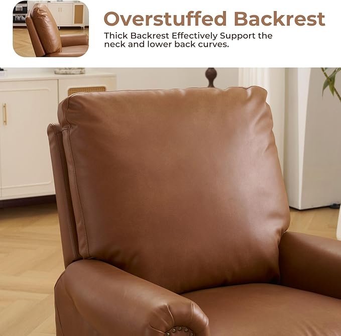 Pushback Recliner Chair with Massage and Heat Breathable Leather Recliner Chair with Overstuffed Backrest and Rivet Decoration Single Sofa Accent Chair for Living Room Camel