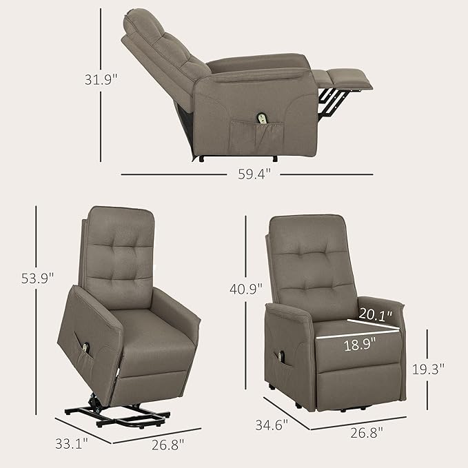 HOMCOM Power Lift Recliner Chair for Elderly Fabric Lift Chair Sofa with Remote Control Side Pockets Pocket Spring Tufted Back Quick Assembly Coffee