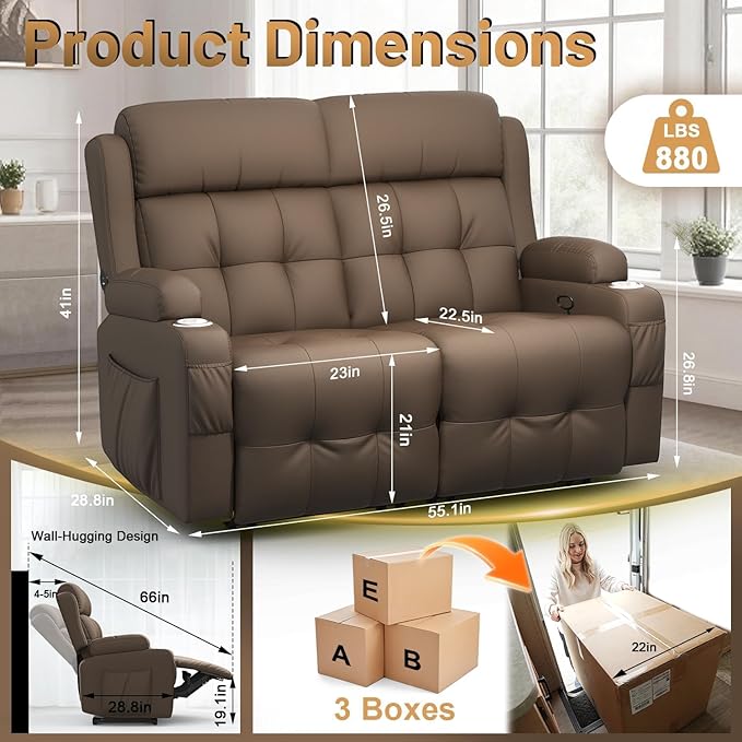 Reclining Loveseat Wall-Hugger Loveseat Recliner Design with USB/Type C Charging &amp Storage &amp Cupholder Pebble-Weave Fabric Recliner Sofa Couch for Living Room Home Theater &amp RV Use