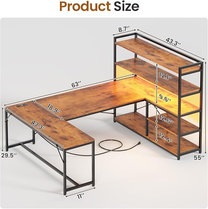 SEDETA L Shaped Desk with Storage Shelves 63” Reversible U Shaped Office Desk Gaming Desk with Power Outlet and LED Lights for Home Office Rustic Brown