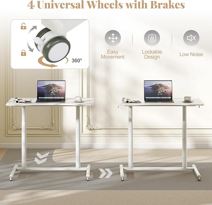 Giantex Mobile Standing Desk Height Adjustable Computer Desk with Wheels &amp Aluminum Frame C Shaped Sofa Side Table Portable Laptop PC Workstation Compact Rolling Desk for Small Space (White)