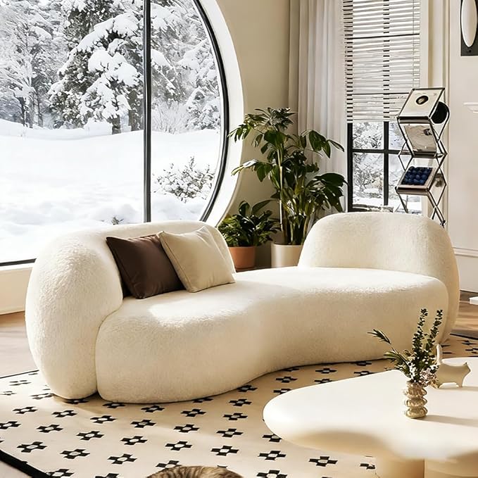 Arc Shaped Sofa Creamy Style Lamb Velvet Couch Modern and Simple Living Room Small-Sized Beauty Salon Clothing Store Reception and Rest Area Settee (White 94.5 inches)