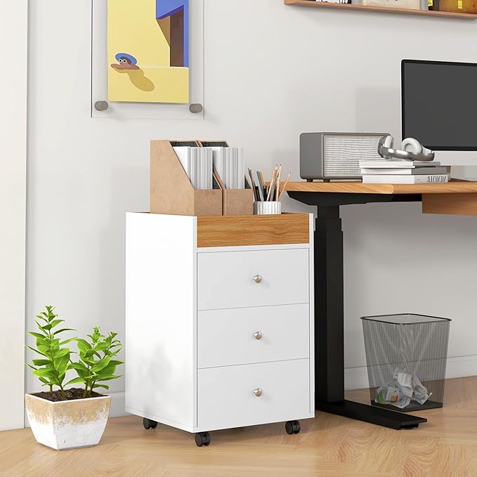 3 Drawer Small File Cabinet with Lock Under Desk Locking Filing Cabinet Storage Organizer for Home OfficeModern Filing CabinetsWhite