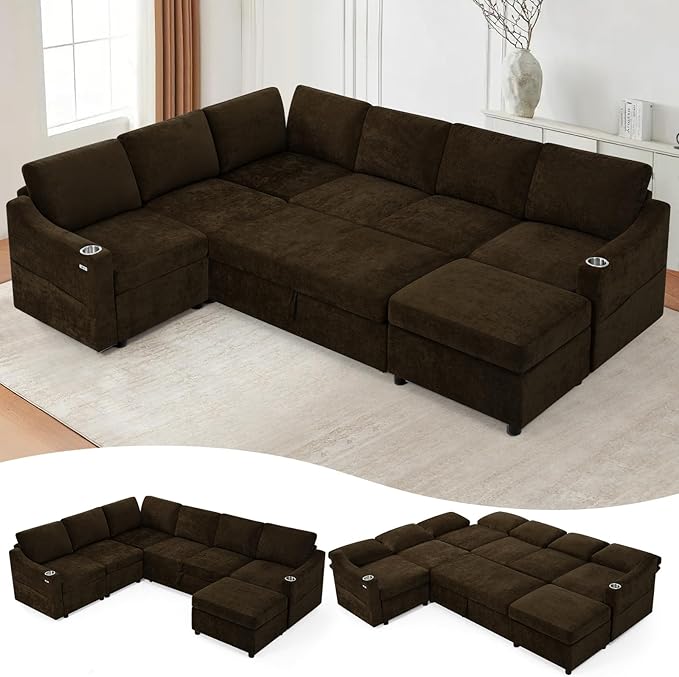 116 Chenille Modular Sofa Bed w/Adjustable Backrests U-Shape Sleeper Sofa w/USB Ports &amp Storage Space Convertible Corner Sectional Couch w/Pull Out Bed for House Living Room Brown