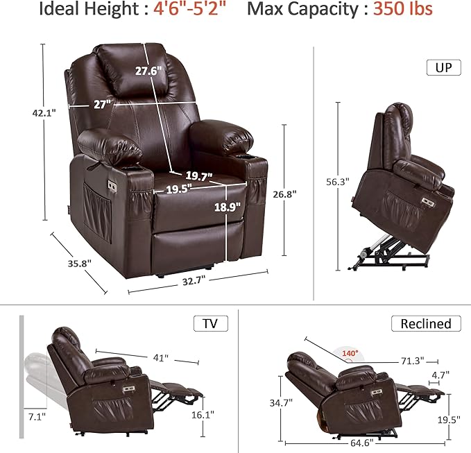 MCombo Power Lift Recliner Chair for Elderly Lift Chair with Heat and Massage FSC Certified USB Ports Cup Holders Faux Leather 7141 (Dark Brown Small)