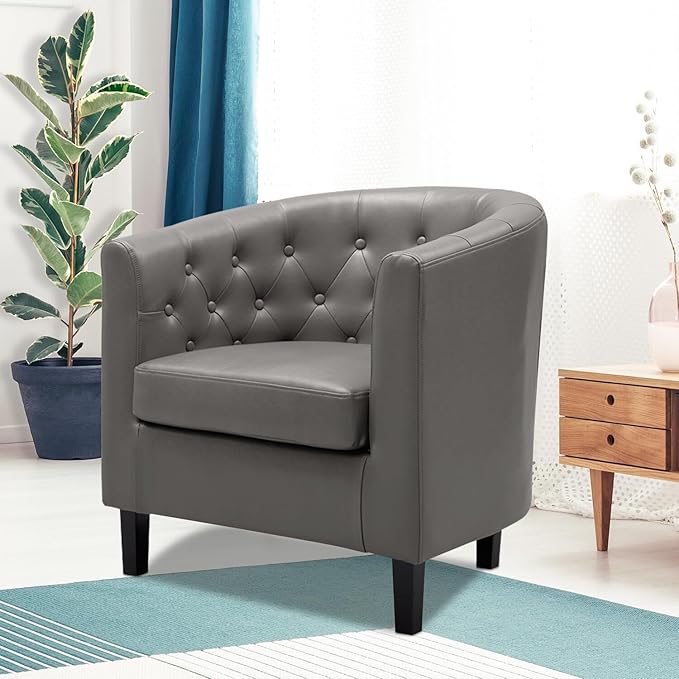 Naomi Home Emma Faux Leather Armchair Set of 2 Modern Tufted Barrel Accent Chairs with Wooden Legs Wide Seat &amp Supportive Back for Living Room Bedroom or Office – Gray