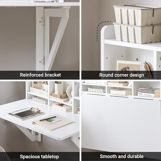 SoBuy Wall Mounted Folding Table Foldable Floating Desk for Small Spaces Fold Down Workstation Table with Adjustable Shelf for Home Office Bedroom or Kitchen White FWT07-II-W
