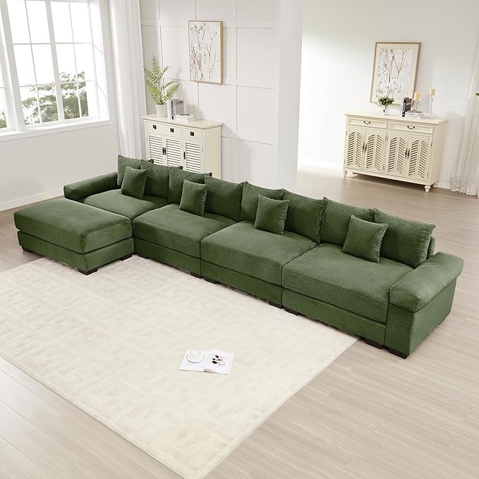 168 Corduroy Sectional Couches for Living Room Green Comfortable Oversized Sectional Sofa Set with Deep Seat Large 4 Seater with 1 Ottoman Sofas para Sala L Shaped Couch with Chaise Lounge